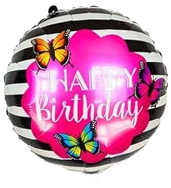 18" 'Happy Birthday' Black & White Striped w/Butterflies Balloon image 0