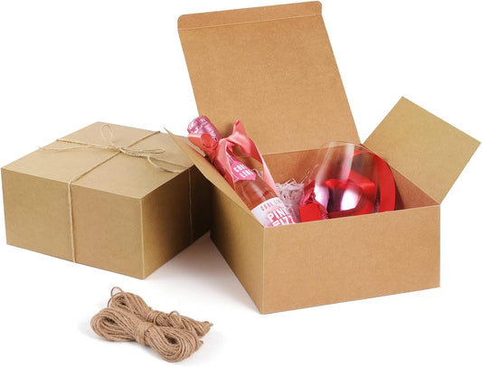 8X8X4 Inches Gift Boxes 12 PCS Brown Paper Gift Boxes with Lids for Gifts, Wedding Present, Bridesmaid Proposal Box, Birthday Party Favor, Easy Assemble Box with 66Ft Twine