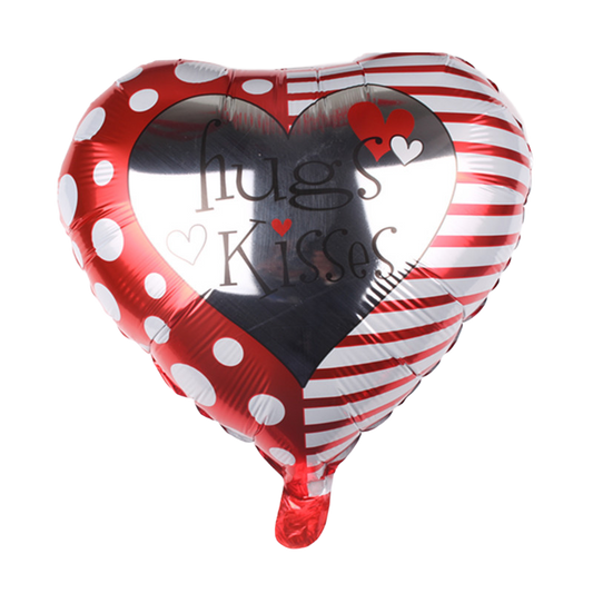 18" Red Dotted & Striped 'Hugs & Kisses' Heart Shaped Balloon image 0